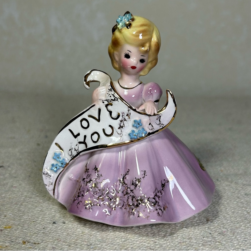 Vintage Josef Originals Woman w/I LOVE YOU Banner Blonde Figurine Violet Dress